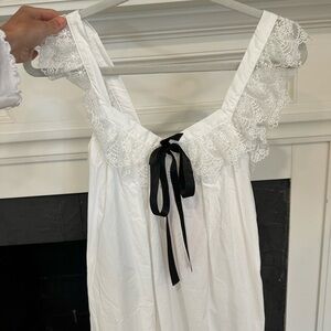 Elegant White Lace dress with Black Bow